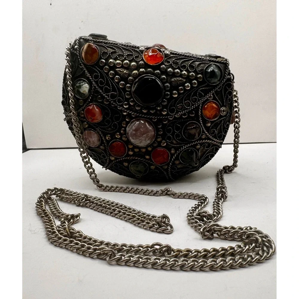 Vintage Sajai handmade‎ metal filigree with precious stones inlay & chain strap